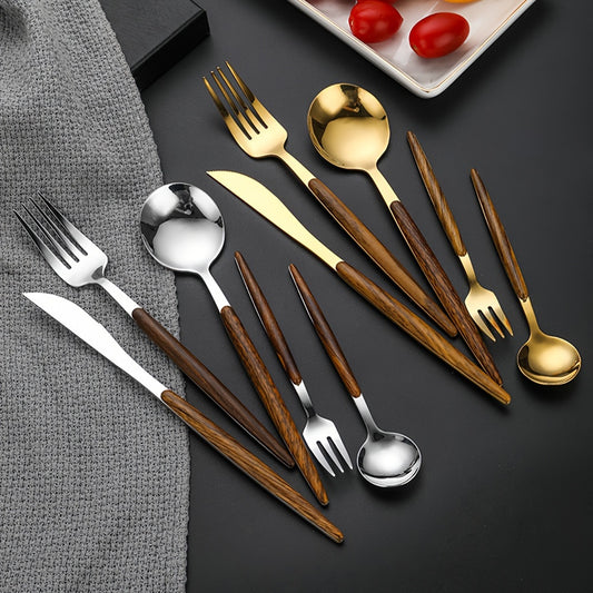 40pcs Cutlery Collection for Eight, Stainless Steel Flatware with Golden Mirror End, ABS Handles with Wooden Appearance, Kitchen Utensil Set Suitable for Home, Hotel, And Restaurant, Family Cutlery Set Featuring Knives, Forks