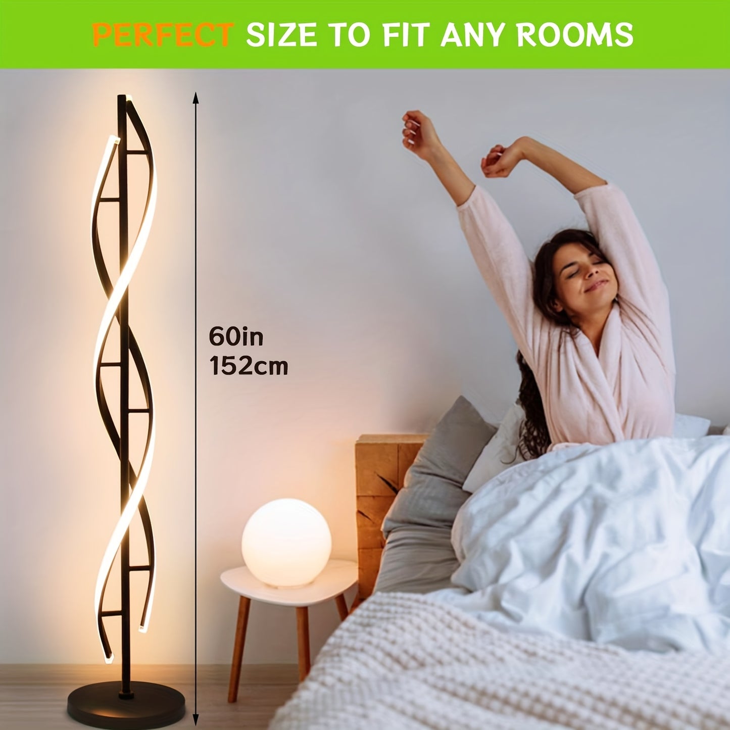 Spiral LED Floor Lamps for Living Room, Dimmable Floor Lamp, Modern Standing Lamp with Remote And Foot Switch, 60in Tall Lamp for Bedroom Office Dining Room Black White, 48W