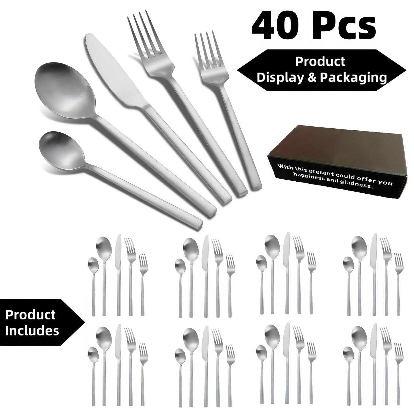 40pcs Matte Silvery Tableware Set Flat Tableware Set Matte Stainless Steel Tableware Set with Rectangular Handle Wedding Gift Family Hotel Daily Restaurant Activity Use Housewarming 8-person Gift Service
