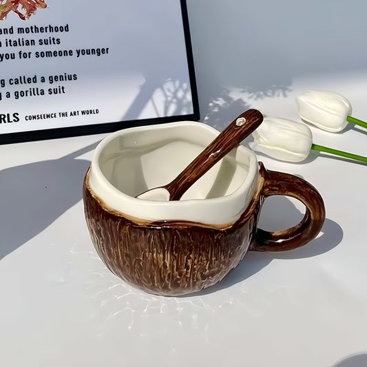A Ceramic Coffee Mug Designed Like a Coconut Shell, Complete with a Spoon. This Novelty Tropical Mug Is Perfect for Afternoon Tea, Yogurt, And Fruit. It Is Safe for Both The Dishwasher And Microwave