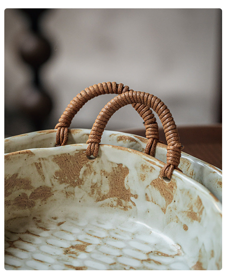 Handmade Rustic Pottery Bowl with Handles – Retro Deep Plate & Serving Bowl