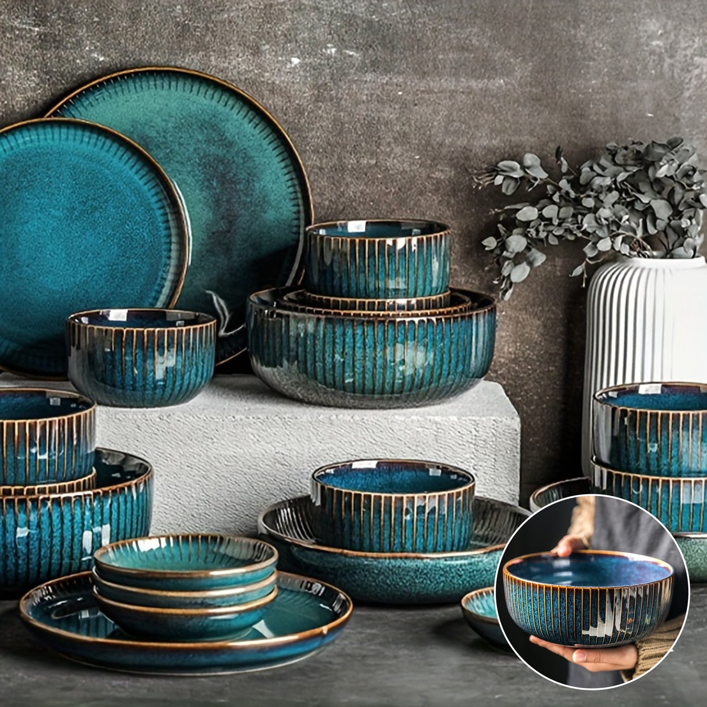 Blue Ceramic Pasta Bowl Set (2-Piece, 26oz, 6") – Microwave & Dishwasher Safe