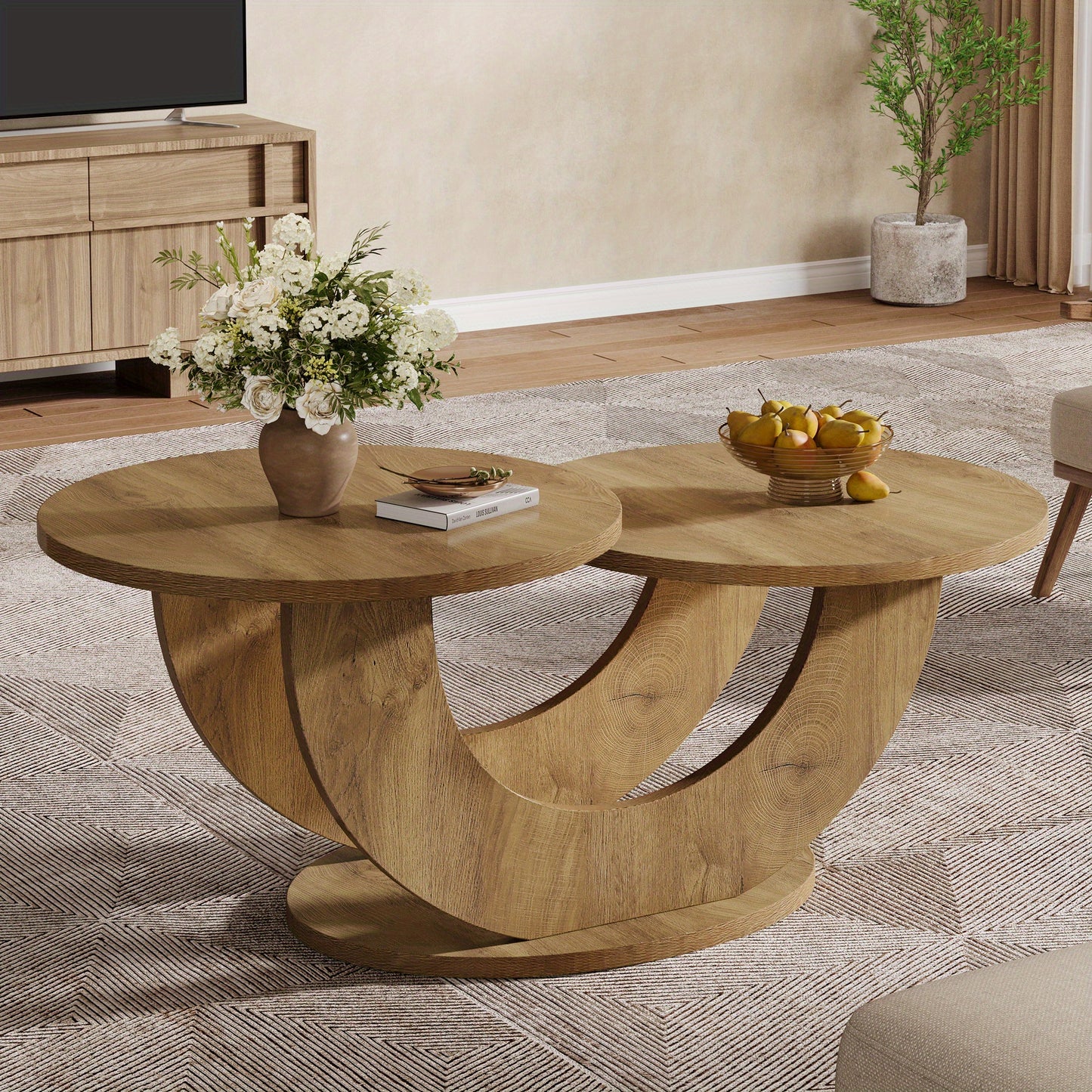 2-Tier Round Farmhouse Coffee Table – Natural Wood Accent Center Table