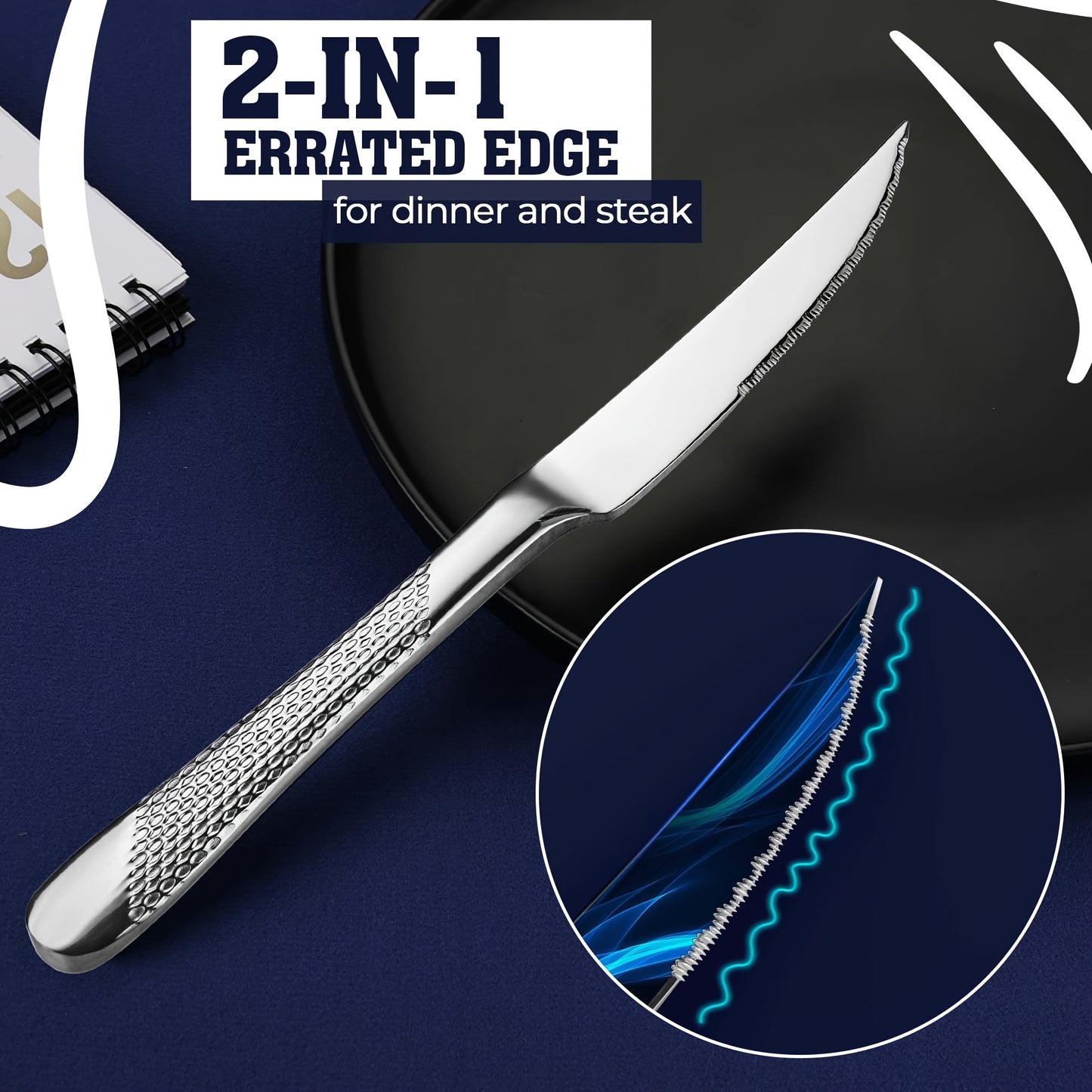 40pcs Modern Hammered Silverware Set for 8, Featuring Ultra-Sharp 2-In-1 Serrated Knife, Made of Stainless Steel, Mirror Polished, And Safe for Dishwasher Use