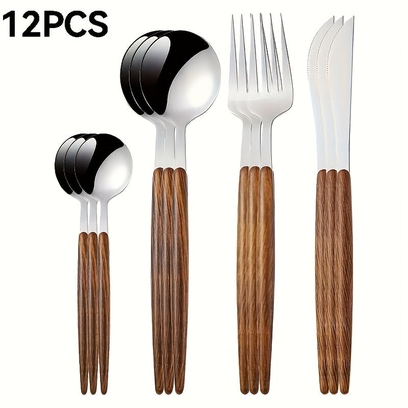 A 12pcs Silverware Set Designed for Three People, Featuring a Polished Stainless Steel Cutlery Set with a silvery Mirror End And Wooden Effect Handles, Suitable for Home, Hotels, And Restaurants. The Set Includes Knives, Fork