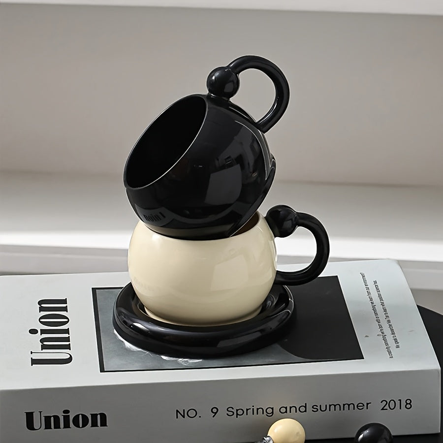 [Ceramic Mug Set] 2-Pack Black and White Ceramic Coffee Mug and Saucer Set | 6 oz Modern Minimalist Design, Durable Dishwasher Safe, Perfect for Home Kitchen, Cafe Use, Afternoon Tea, and Elegant Photo Props - FARIDABIO