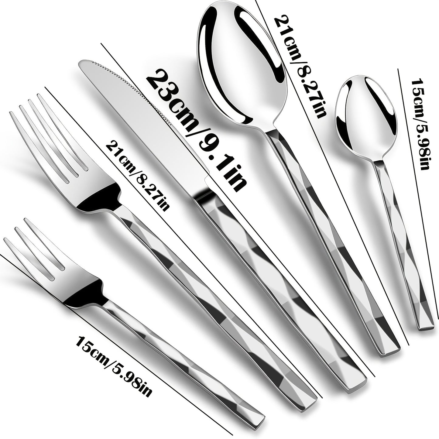 15pcs Silvery Stainless Steel Cutlery Set, Sheshu Mirror Polished Cutlery Set, Diamond Cut Pattern, Suitable for Kitchen, Home, Wedding, Party, Mirror Polished, Dishwasher Safe Christmas Cutlery Set, Kitchen Knives, Wedding B