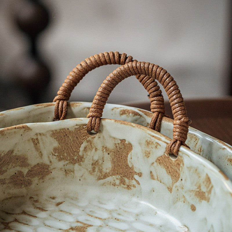 Handmade Rustic Pottery Bowl with Handles – Retro Deep Plate & Serving Bowl