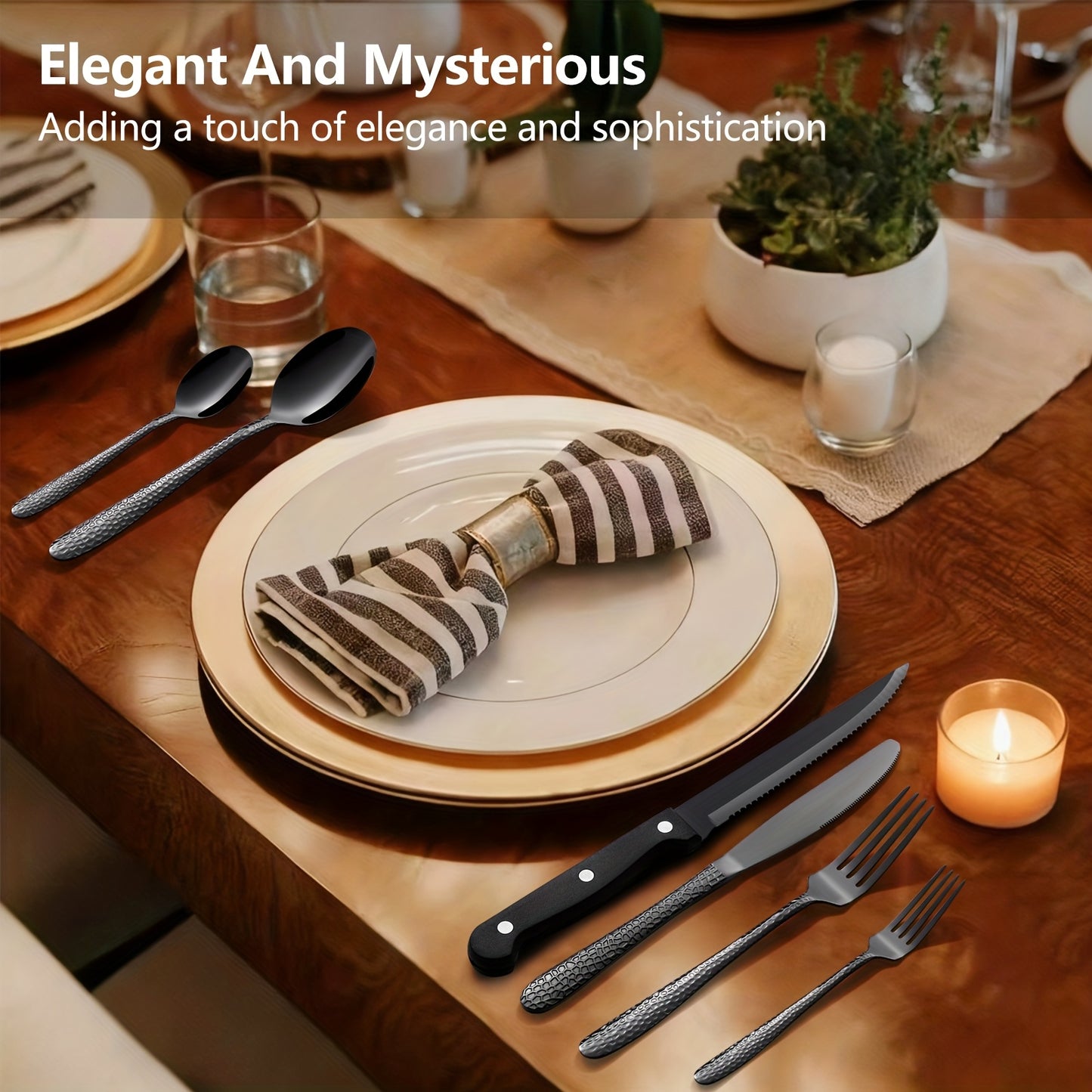 36/5pcs Of Black Tableware Set - Hammer Pattern Design - Western Utensils Knife, Fork, Spoon, Highly Recommended For Use In Restaurants, Banquets, And Weddings - Suitable For Families Of 5-10 People, Dishwasher Safe, Hallowee