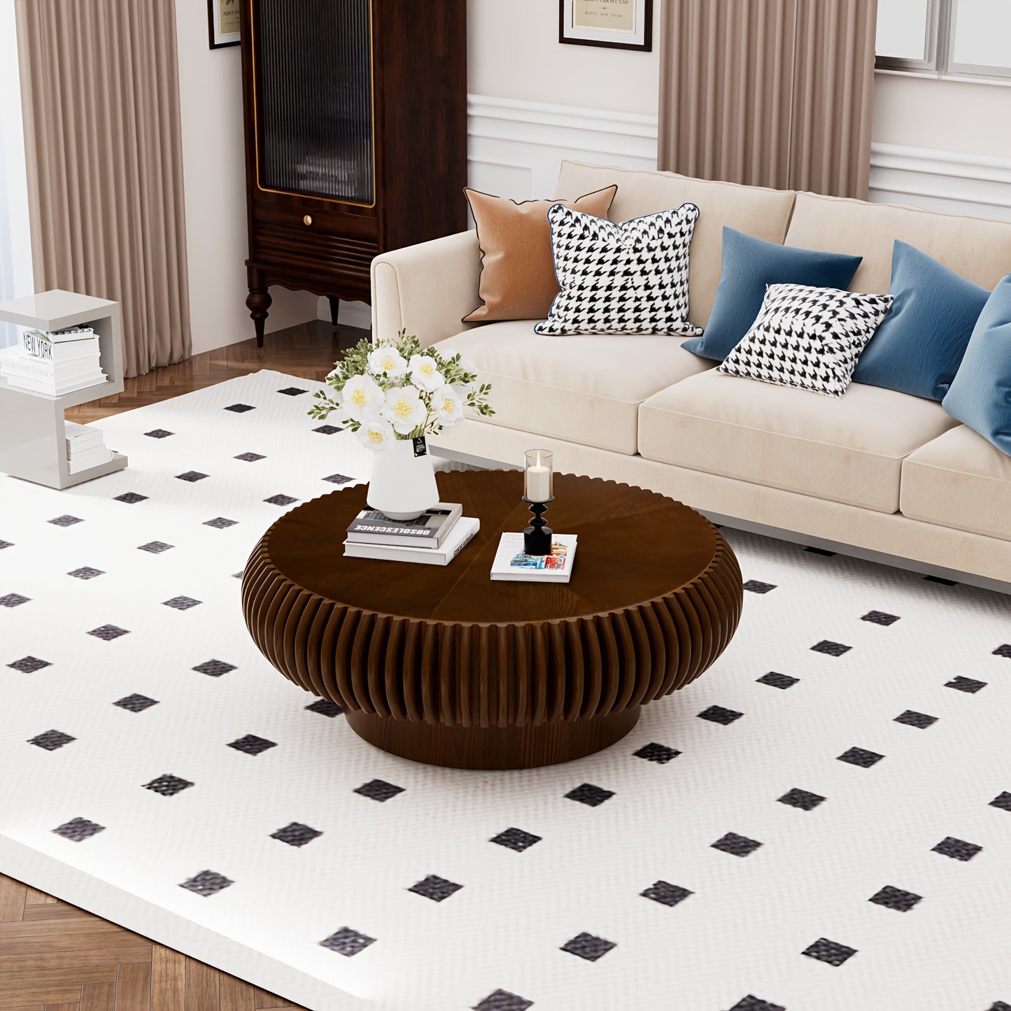 Brown Fluted Drum Coffee Table – Round Pedestal Center Table