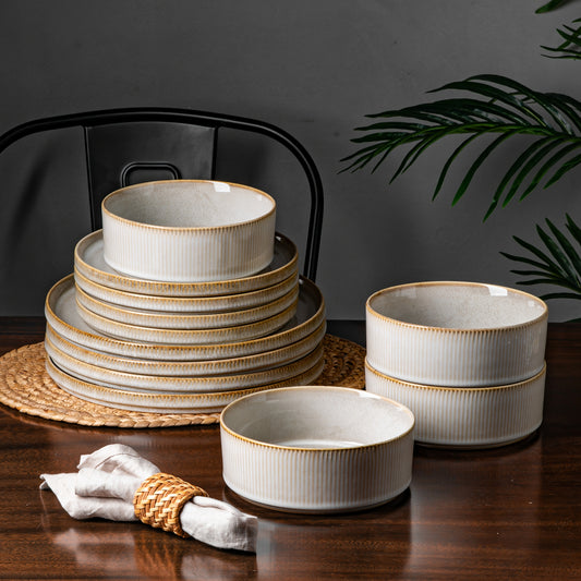 Striped Cream Beige Reactive Glaze Dinnerware Set (12-Piece Ceramic Stoneware)