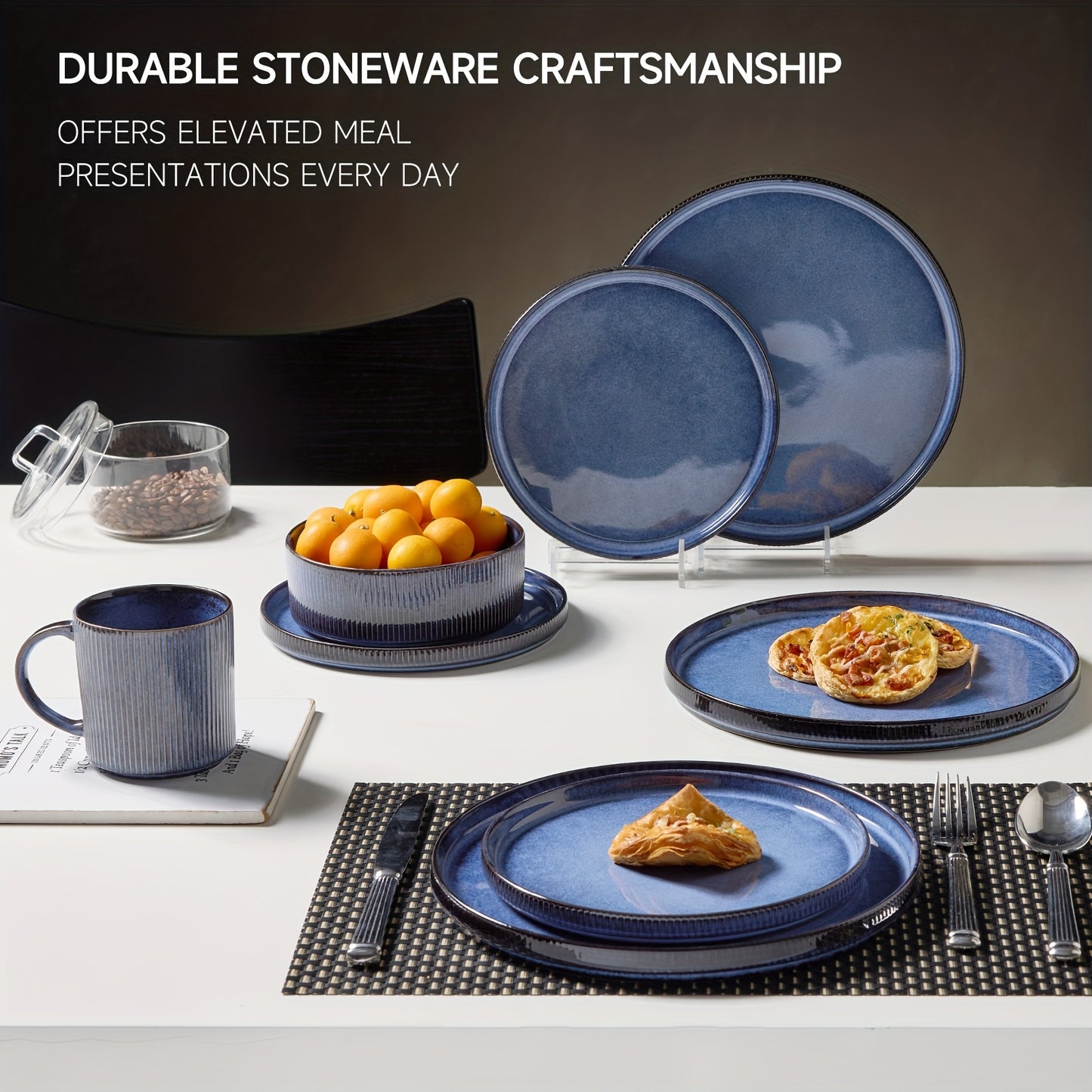 Blue Striped Reactive Glaze Dinnerware Set (16-Piece) – Ceramic Tableware for 4