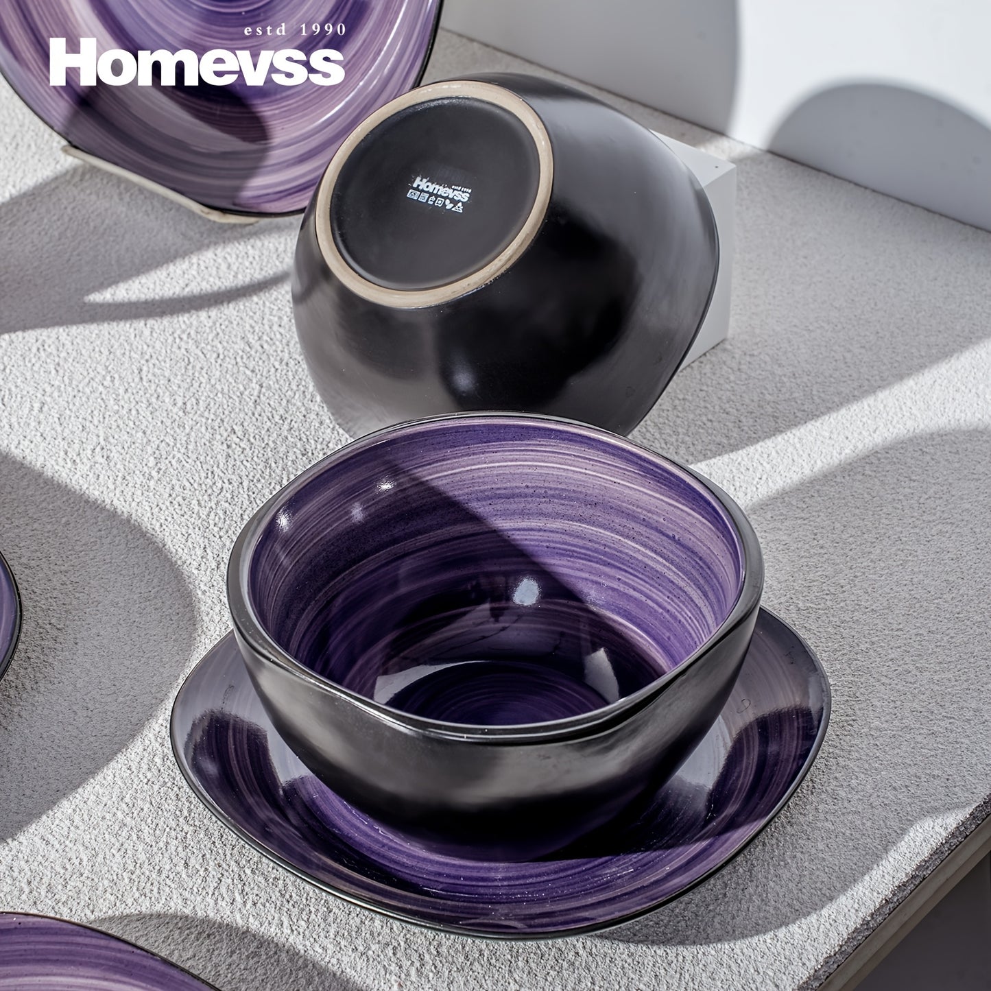 Hand-Brushed Square Stoneware Dinnerware Set (16-Piece) – Black Trim Plates & Bowls for 4