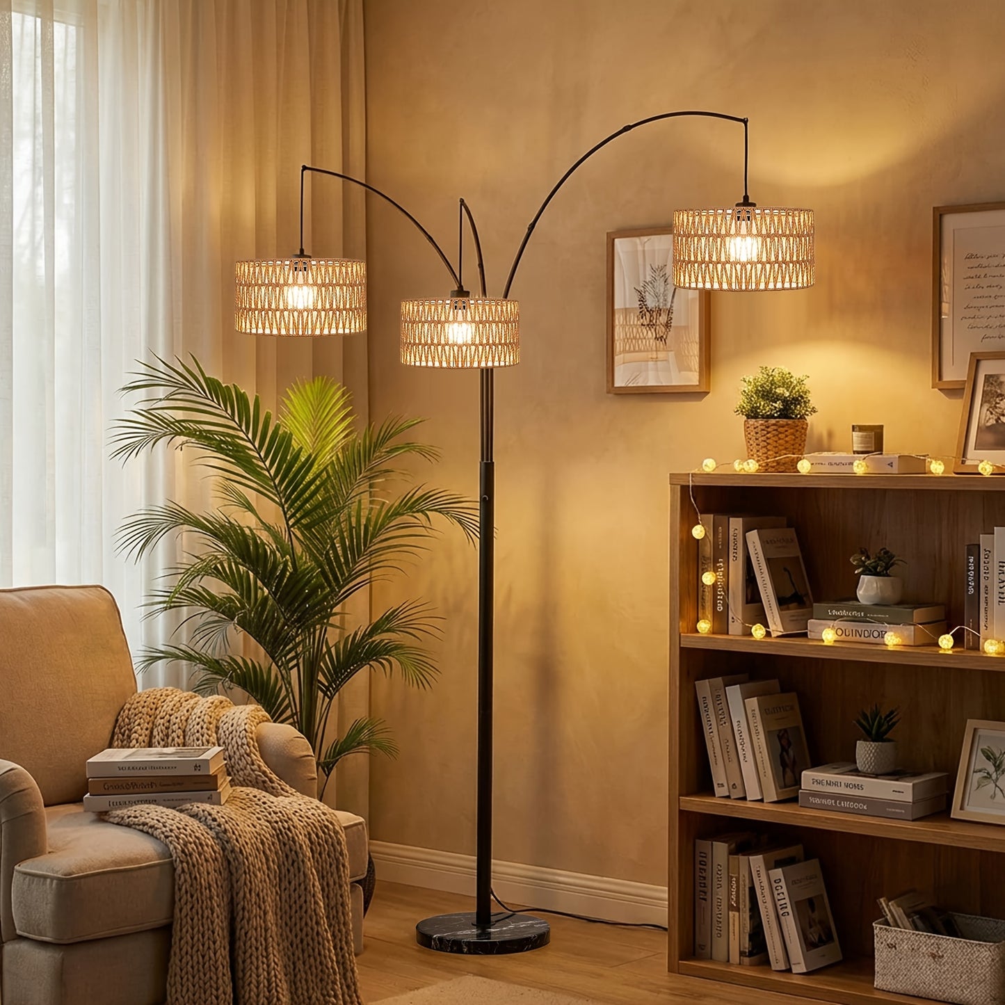 Arc Floor Lamps Designed for Living Spaces, Featuring a Farmhouse Boho Style with a Marble Base, Suitable for Bedrooms And Offices. This Tall, Dimmable Lamp Comes with Rattan Lampshades, Perfect for Reading, And Is Available