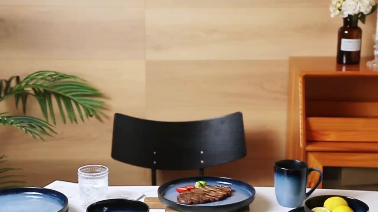 Blue Striped Reactive Glaze Dinnerware Set (16-Piece Ceramic Stoneware)