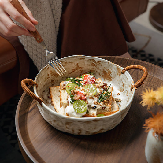 Handmade Rustic Pottery Bowl with Handles – Retro Deep Plate & Serving Bowl