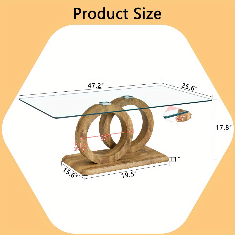 Modern Glass Top Coffee Table – Natural Wood Base Center Table (47.2")