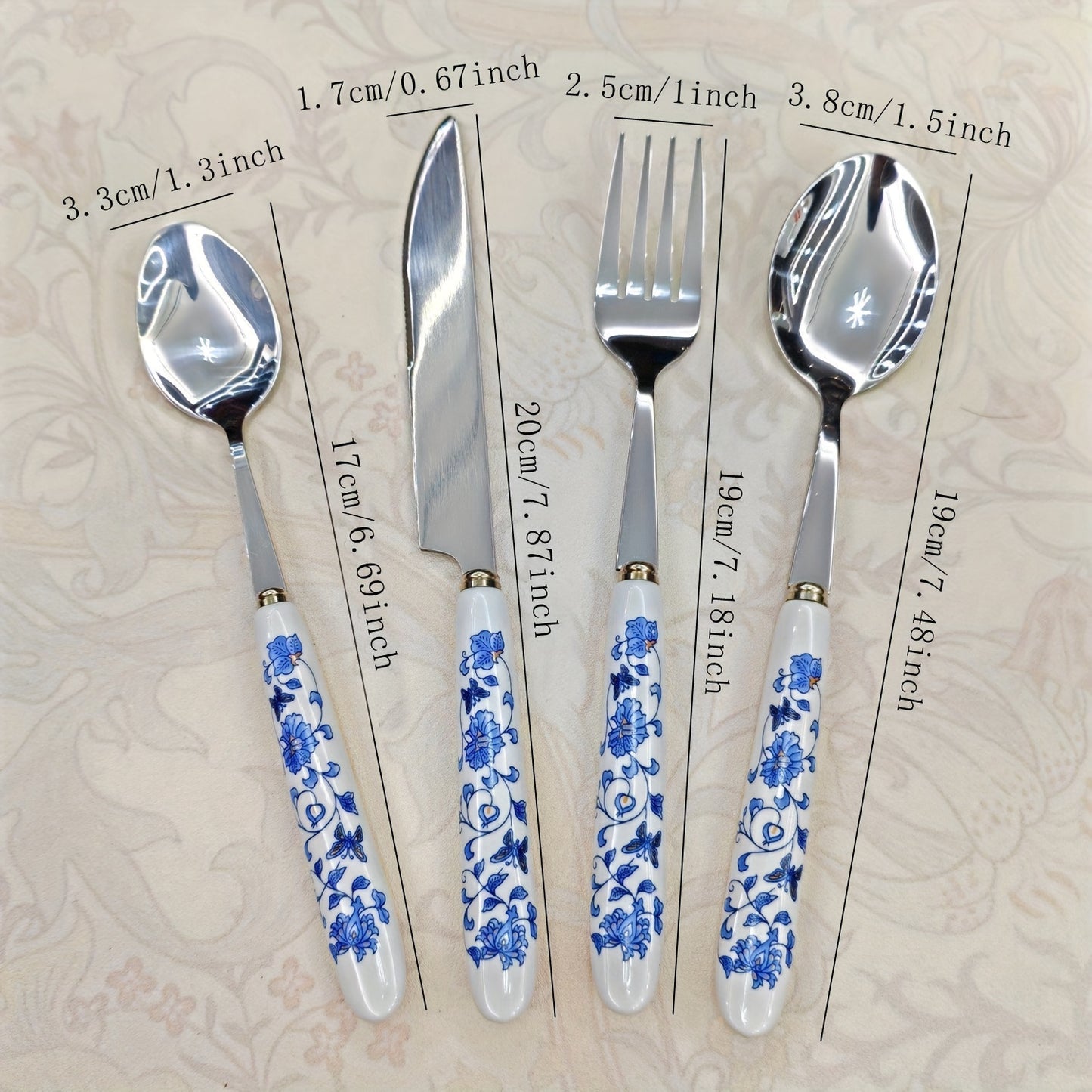 4/24pcs Blue and White Porcelain Ceramic Handle Silverware | Elegant Steak Forks, Table Knife, Spoons, Polished 410 Stainless Steel, Suitable for Restaurants, Kitchens, Daily Dining, Parties, Holiday Gatherings