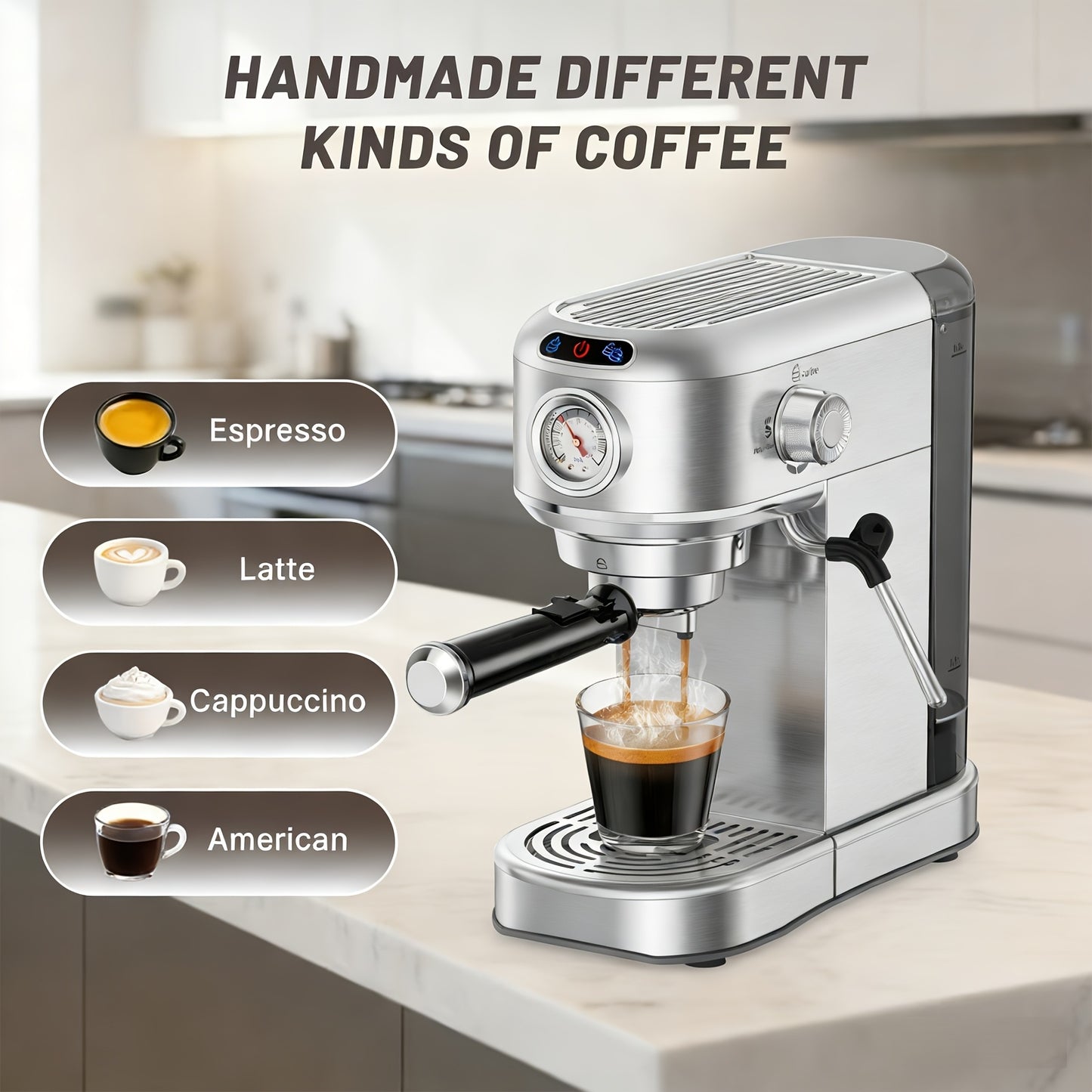 Coffee Machine, 20 Bar Espresso Machine with Milk Frother, Professional Compact EspressoMaker with Steam Milk Frother, Stainless Steel Coffee Machine with 34oz Removable WaterTank, for Cappuccino, Latte, Gift for Women Or Men