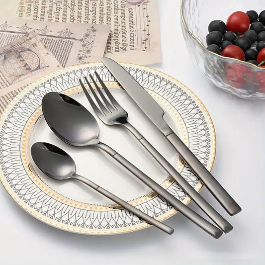 24pcs Luxury Black Flatware Set, Instagram Style Stainless Steel Silverware - Non-Fading PVD Color - Elegant Dinnerware for Holiday Banquets & Parties - Service for 6 - Dishwasher Safe