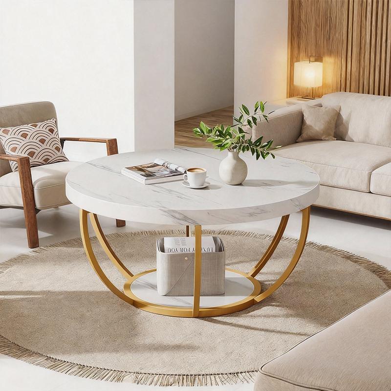 Round Coffee Table with Storage Shelf – Gold Metal Frame & Double-Layer Design