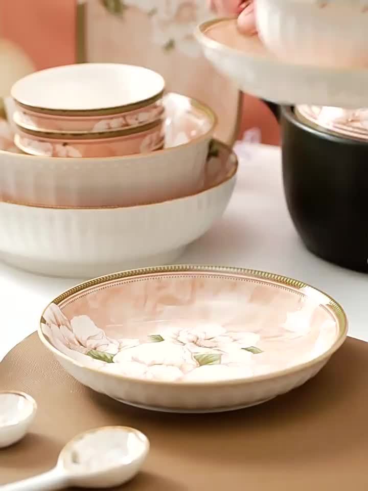 Camellia Pattern Ceramic Dinnerware Set – Light Luxury Tableware (16 / 33 / 43 Pieces)