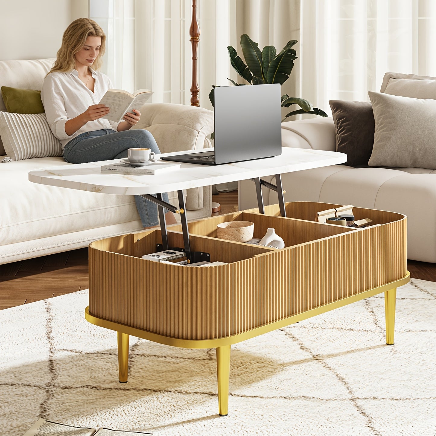 Lift-Top Coffee Table – Modern Oval Center Table with Storage (Walnut & Black)