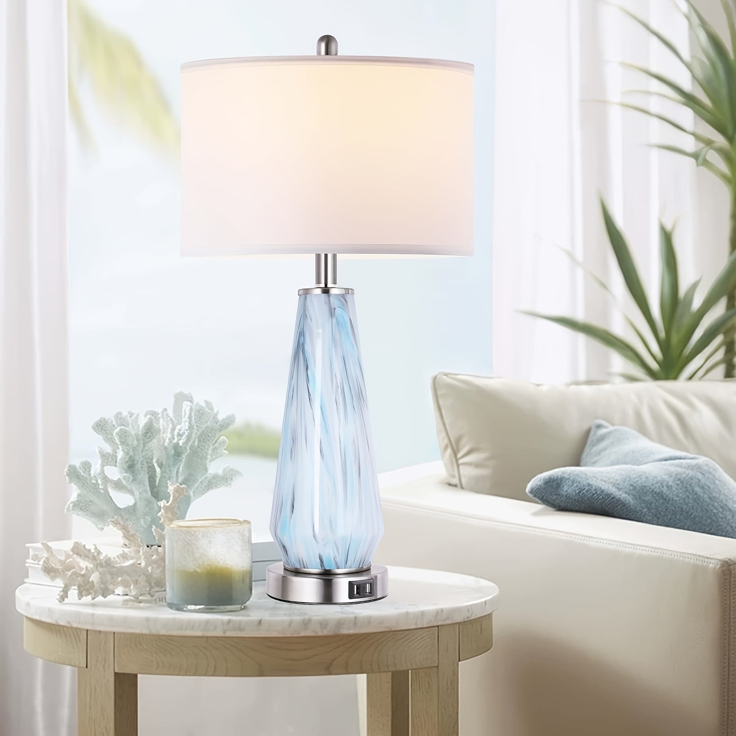 Modern Table Lamp Set of 2 Touch Control, 27" Tall Faded Swirl Blue Gray Art Glass Bedside Lamp with USB Ports, 3-Way Dimmable Hand Crafted Nightstand Lamps White Drum Shade for Living Room, Bedroom