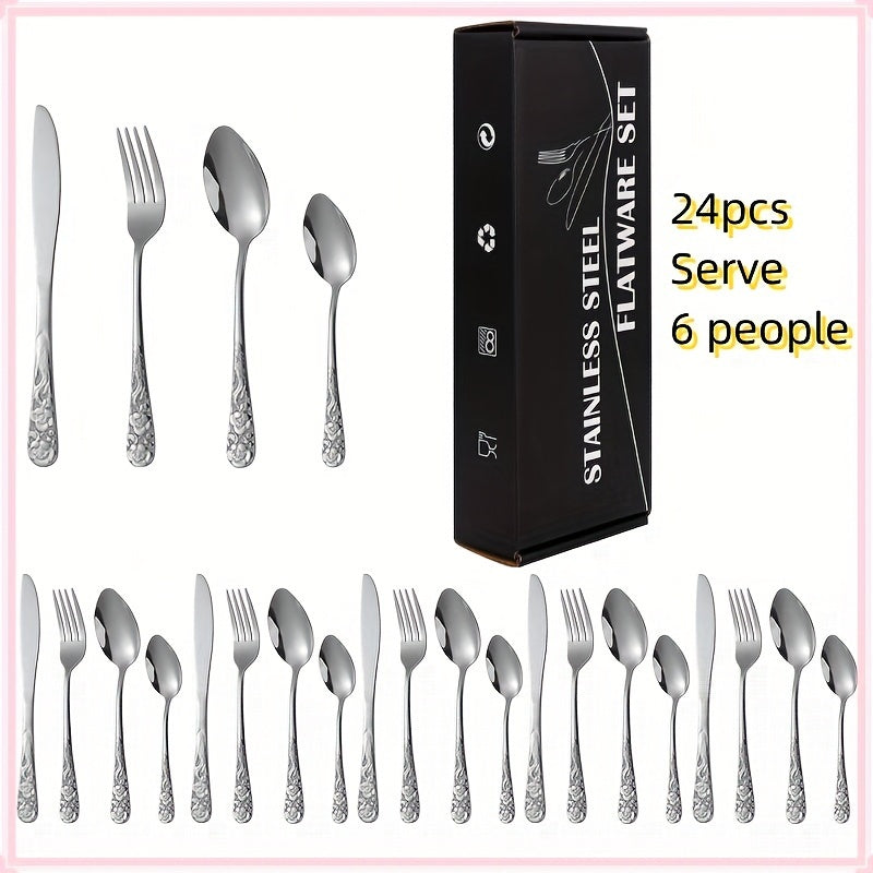 24pcs Stainless Steel Cutlery Set with Patterned Handles in a Gift Box