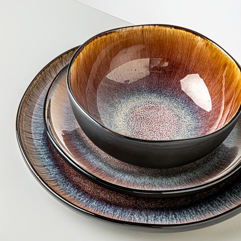 Brown Flame Glaze Ceramic Dinnerware Set (12-Piece) – Modern Plates & Bowls for 4