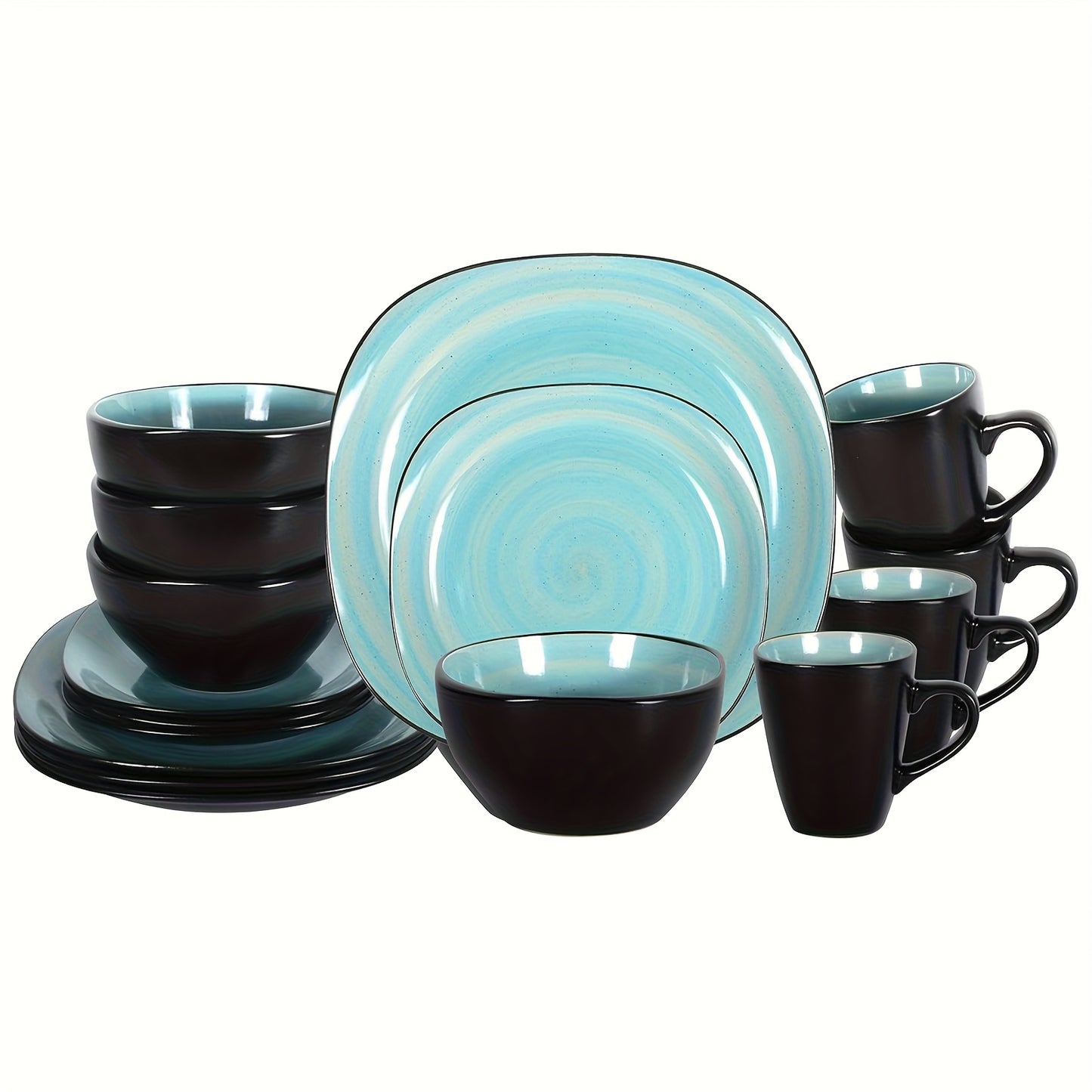 Hand-Brushed Square Stoneware Dinnerware Set (16-Piece) – Black Trim Plates & Bowls for 4