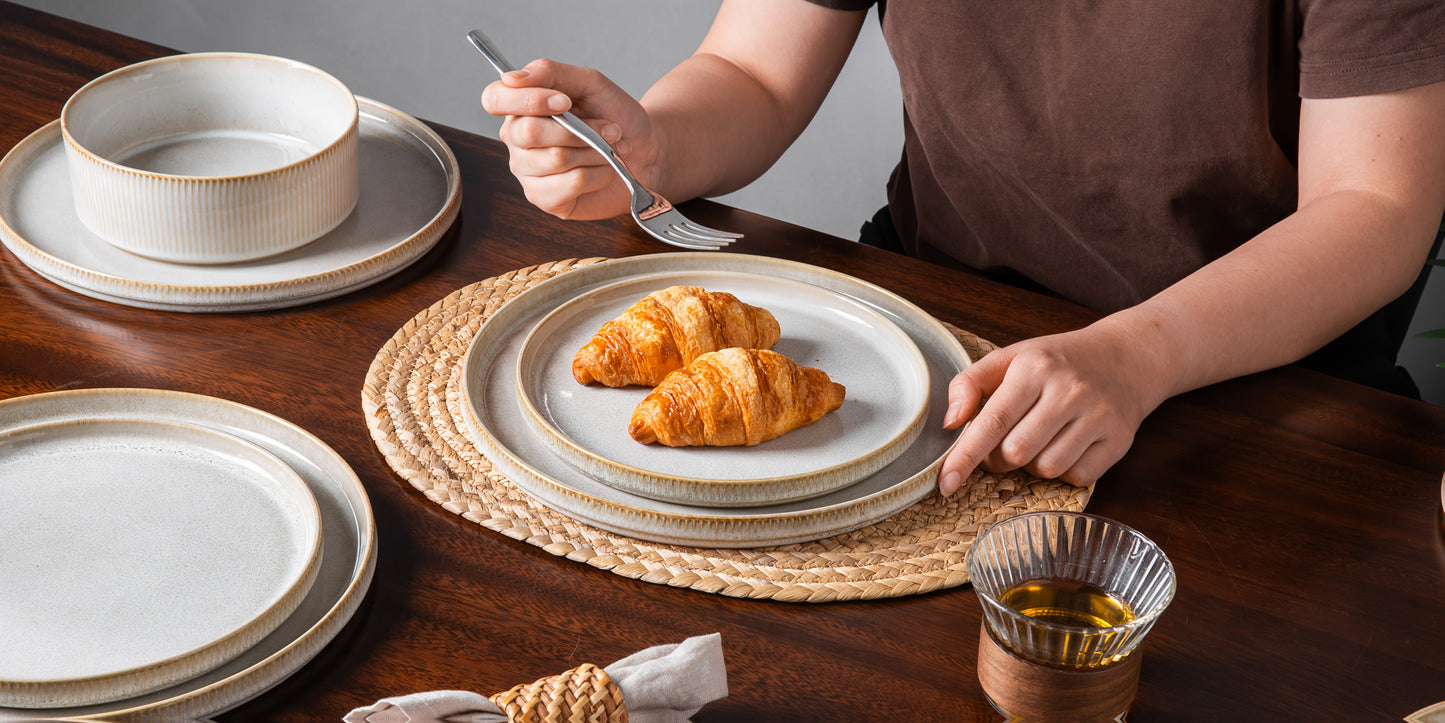 Striped Cream Beige Reactive Glaze Dinnerware Set (12-Piece Ceramic Stoneware)