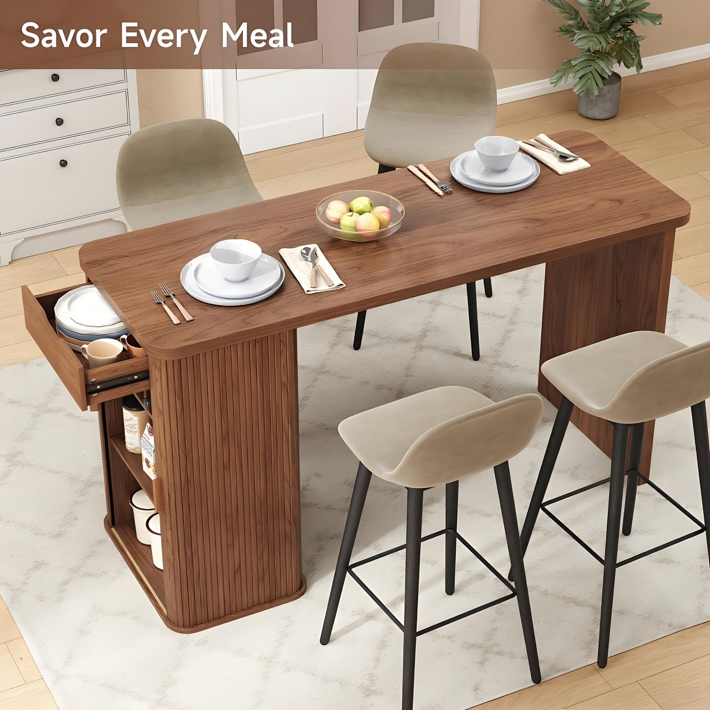 59” Kitchen Island with Storage & Sliding Door – Walnut Bar & Prep Table