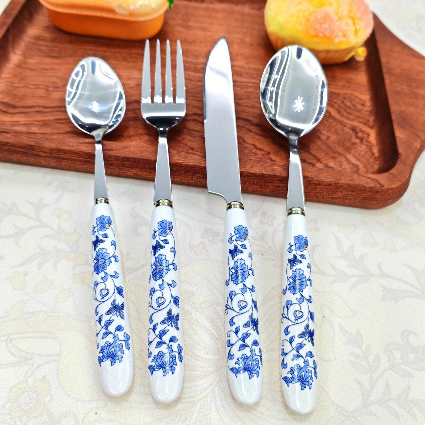 4/24pcs Blue and White Porcelain Ceramic Handle Silverware | Elegant Steak Forks, Table Knife, Spoons, Polished 410 Stainless Steel, Suitable for Restaurants, Kitchens, Daily Dining, Parties, Holiday Gatherings