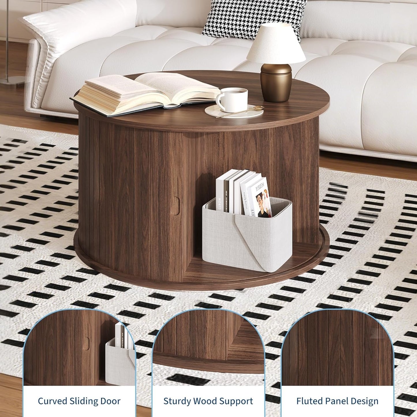 28” Round Coffee Table with Storage – Modern Fluted Accent Table with Sliding Tambour Door