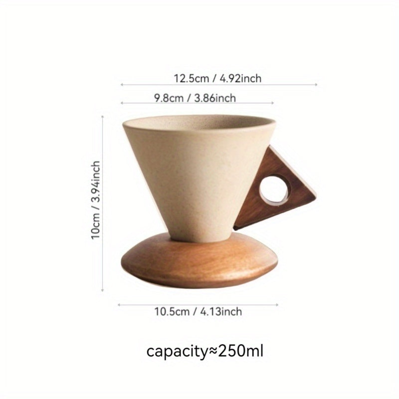 1pc Handmade Heavy-Duty Ceramic Coffee Mug with Large Spout & Funnel Design, Real Wood Handle & Coaster - 8.45oz Thick Cup for home, Office, Cafe Use - Ideal Gift for Coffee & Tea Lovers, Durable Ceramic Ware (Hand Wash Only)