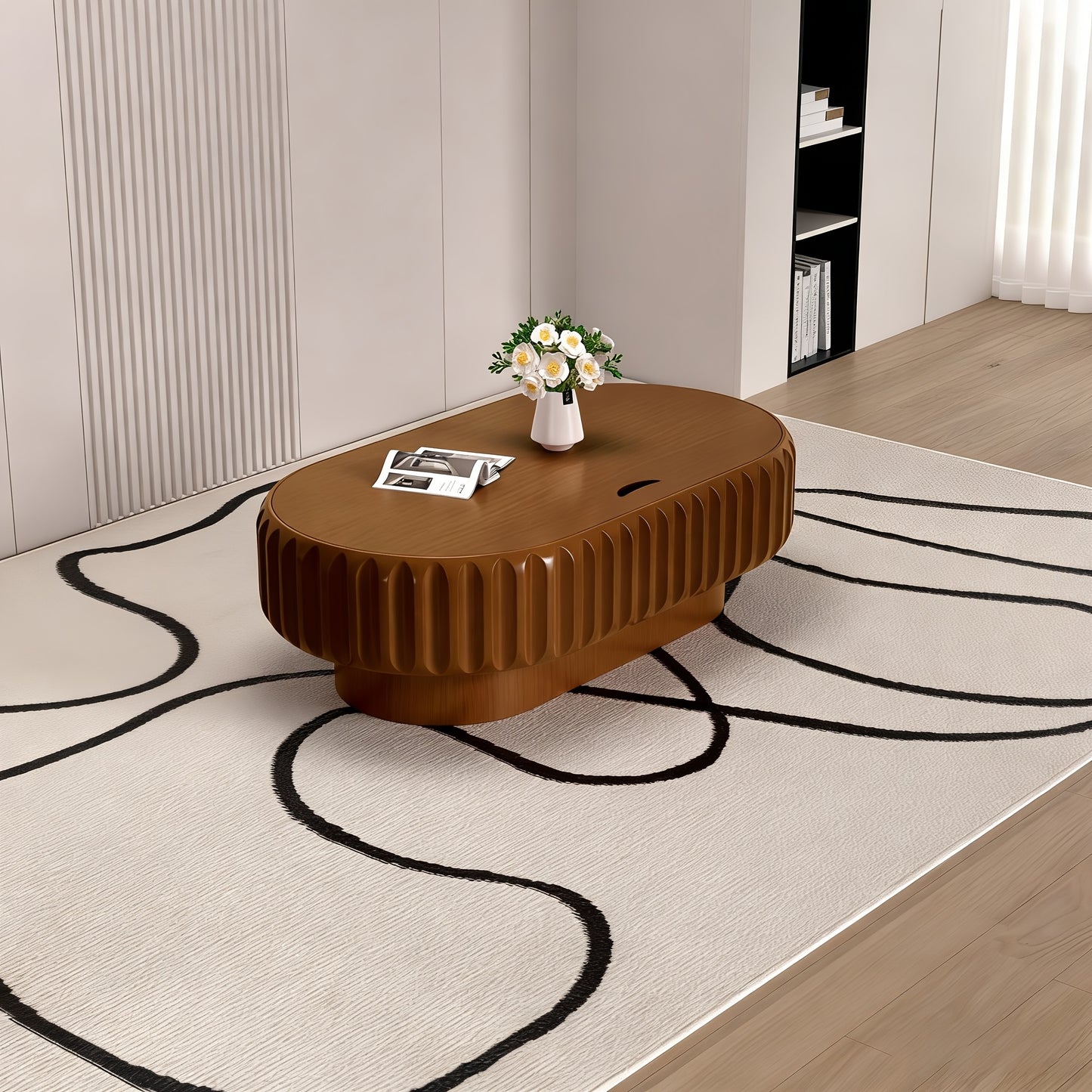 43” Oval Fluted Coffee Table with Storage – Modern Low Drum Center Table