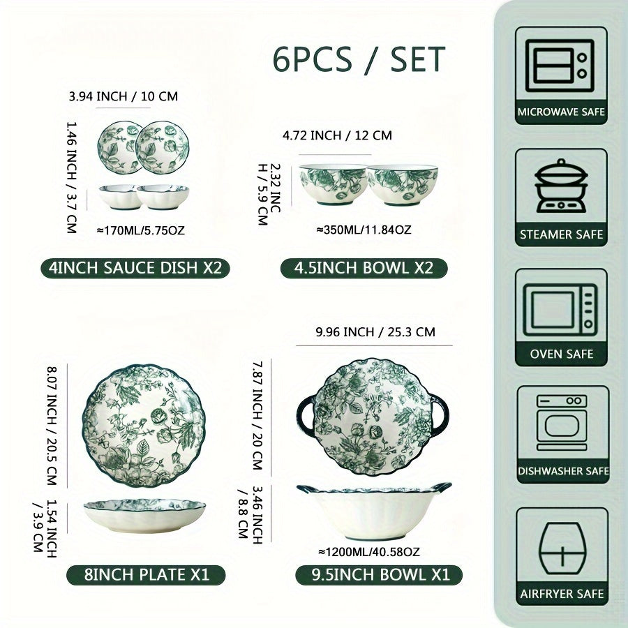 Vintage Green Rose Ceramic Dinnerware Set (6-Piece) – Plates & Bowls