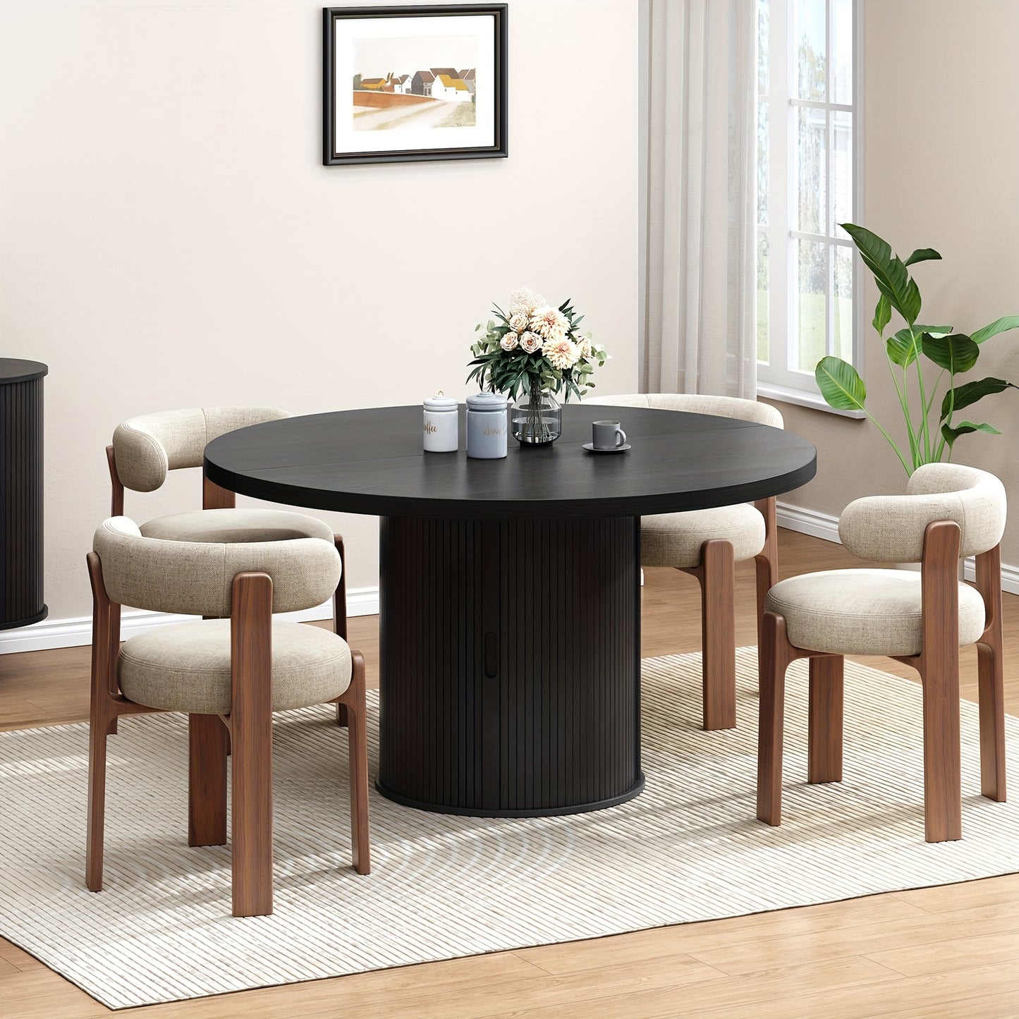 Round Dining Table with Storage – Sliding Doors & Drawer (47”)
