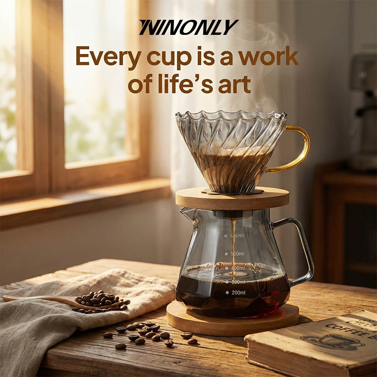 Ninonly Pour Over Coffee Maker, 3-In-1 Coffee Dripper Set with 20fl.oz/600ml Carafe, Filters & 100pcs Filter Paper, Portable Coffee Maker for Home, Camping, Office & Gifts