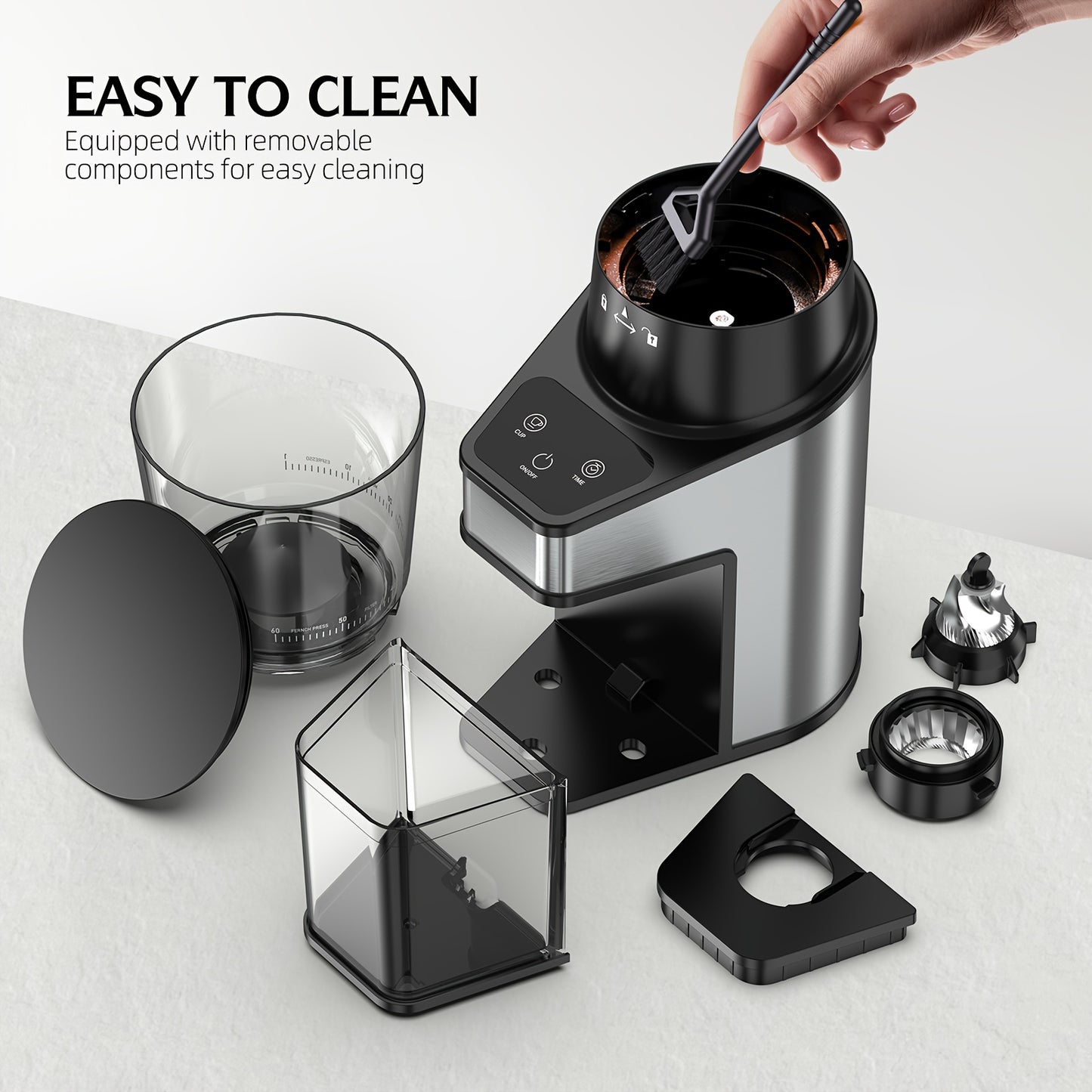 Burr Coffee Grinder with 60 Grinding Settings | Electric Coffee Bean Grinder for Home Use with 60 Seconds Timer, 1-8 Cup Capacity, Touch Screen, Anti-static, 430 Stainless Steel, Black