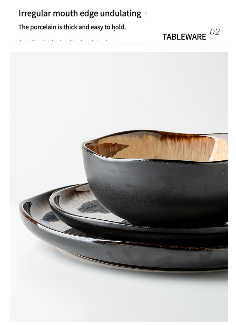 Brown Flame Glaze Ceramic Dinnerware Set (12-Piece) – Modern Plates & Bowls for 4