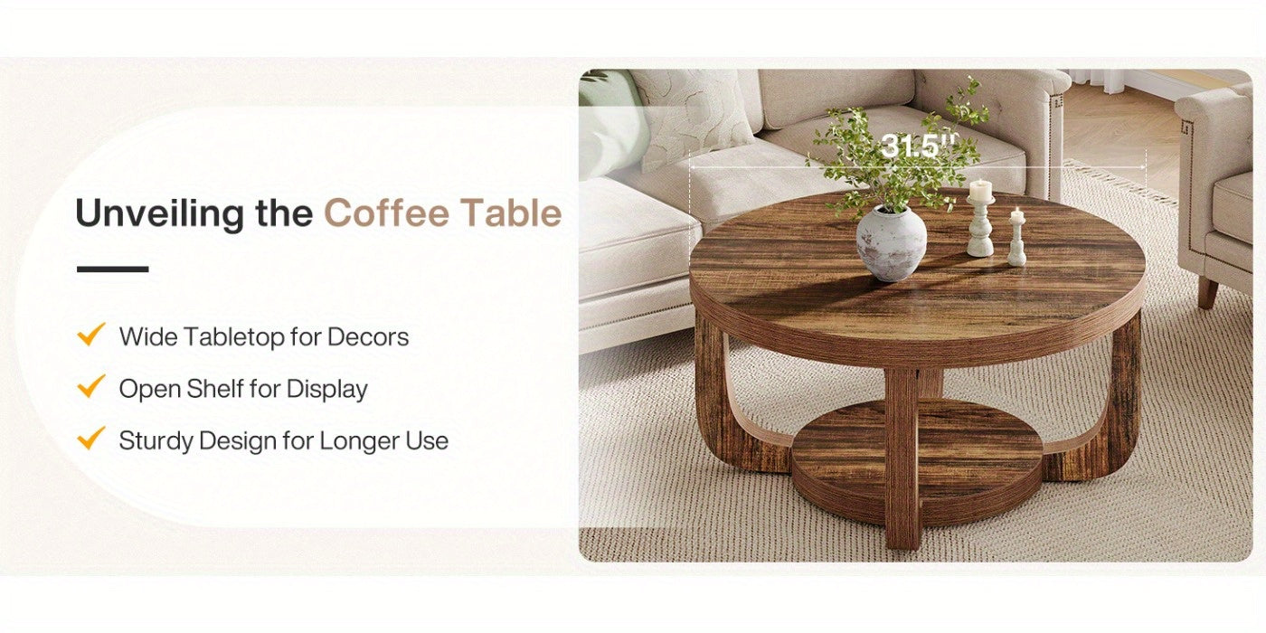 Modern Round Coffee Table with 2-Tier Storage – Rustic Brown Center Table