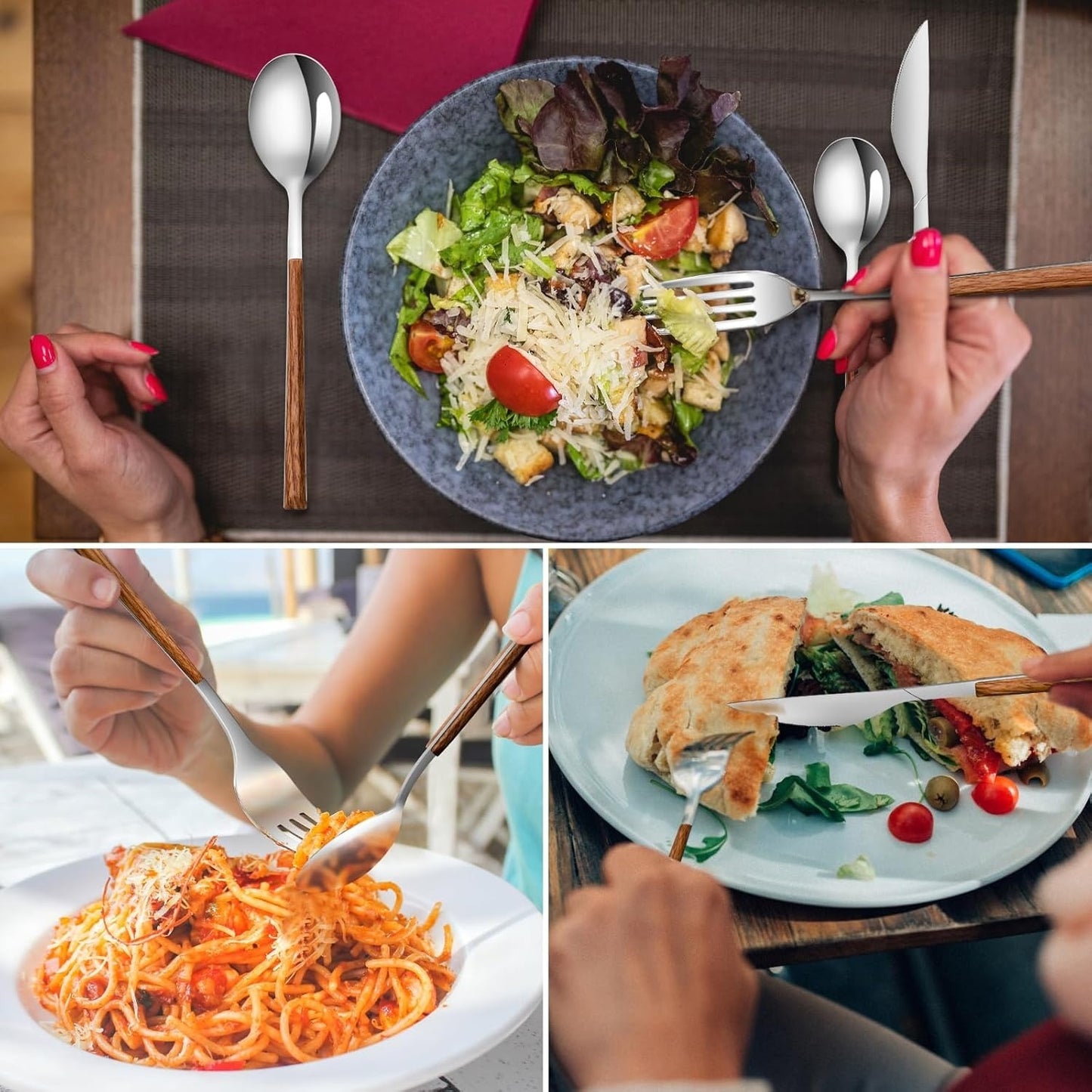 Stainless Steel Flatware Set for 4, Mirror Polished and Dishwasher Safe, Cutlery Utensils Set with Simulated Wooden Handle Include Knives Forks Spoons Service for 4(Silvery), Cutlery Sets for Dining