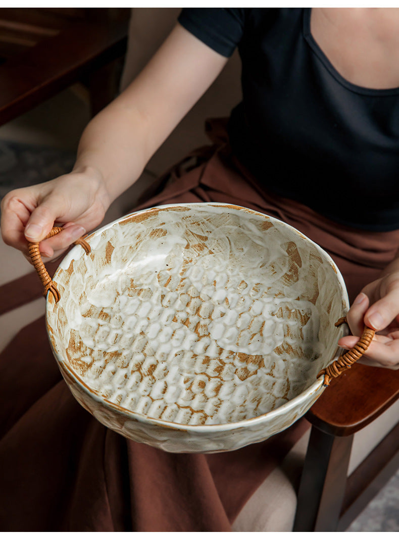 Handmade Rustic Pottery Bowl with Handles – Retro Deep Plate & Serving Bowl
