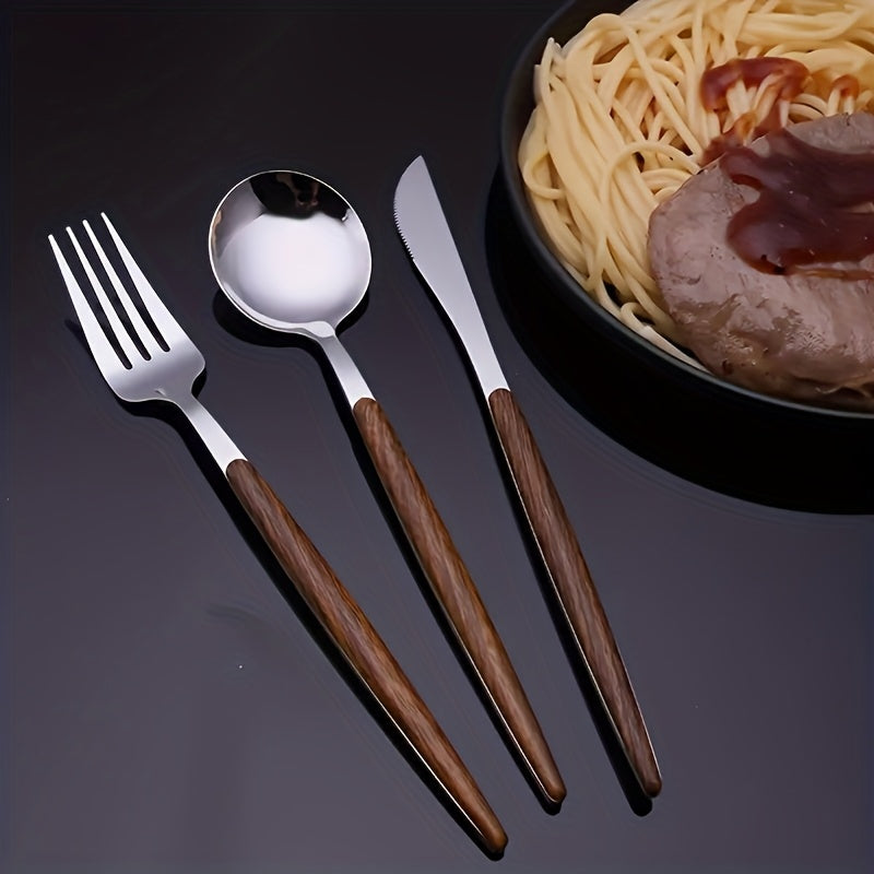 A 12pcs Silverware Set Designed for Three People, Featuring a Polished Stainless Steel Cutlery Set with a silvery Mirror End And Wooden Effect Handles, Suitable for Home, Hotels, And Restaurants. The Set Includes Knives, Fork