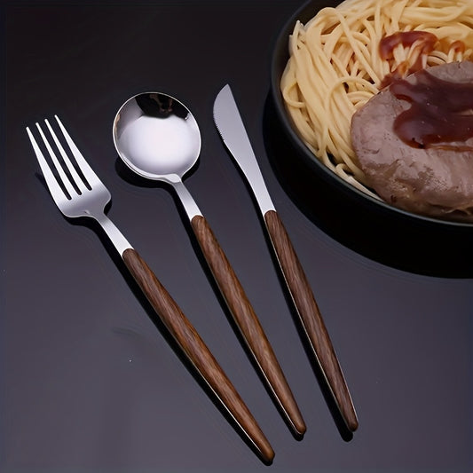 A 12pcs Silverware Set Designed for Three People, Featuring a Polished Stainless Steel Cutlery Set with a silvery Mirror End And Wooden Effect Handles, Suitable for Home, Hotels, And Restaurants. The Set Includes Knives, Fork