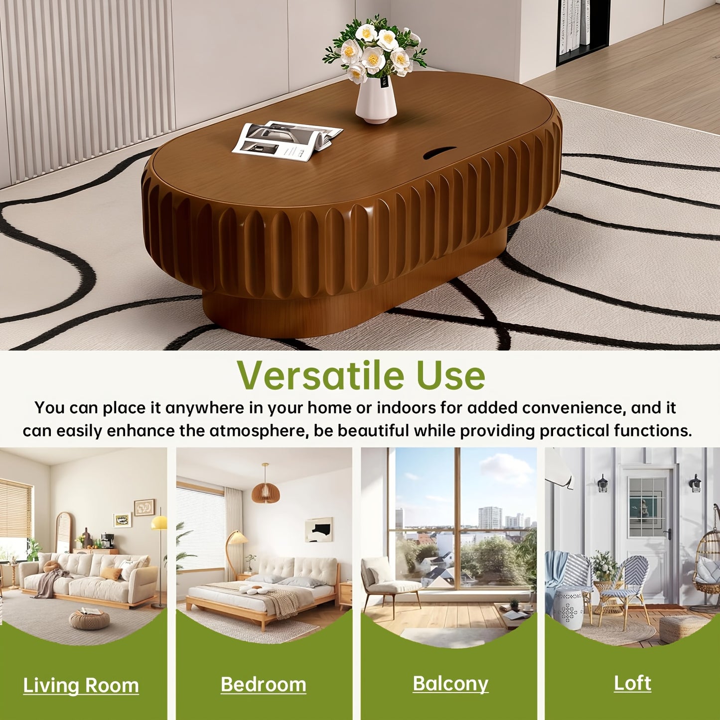 43” Oval Fluted Coffee Table with Storage – Modern Low Drum Center Table