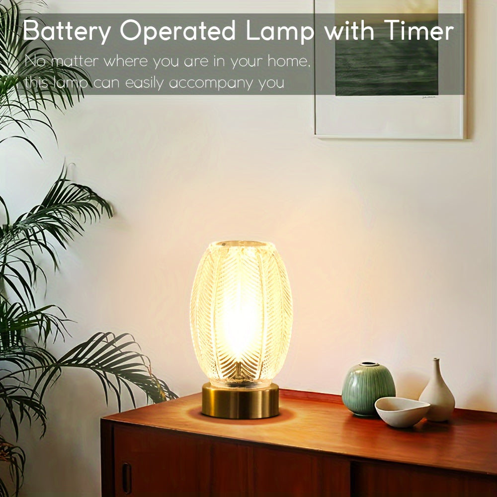 Battery Operated Lamp with Timer, Cordless Table Lamps for Room Decor, Small Table Lamp with LED Bulb, Glass Lamps Beside Table Light for Living Room, Bedroom