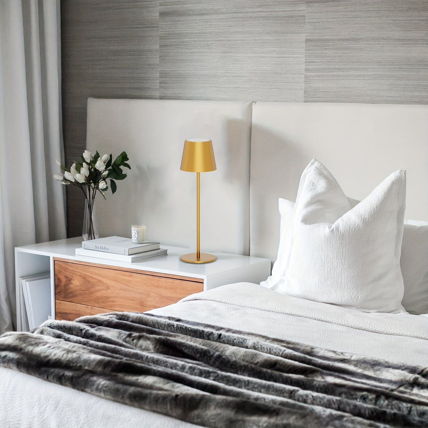 2pcs Rechargeable LED Cordless Table Lamp, 5000mAh Battery Powered Portable Desk Lamp, Outdoor Camping Lamp 3W Dining Table Lamps, Stepless Dimmable Battery Lamp for Restaurant/ Camping Lighting (Off White/ Black/ White/ Gold